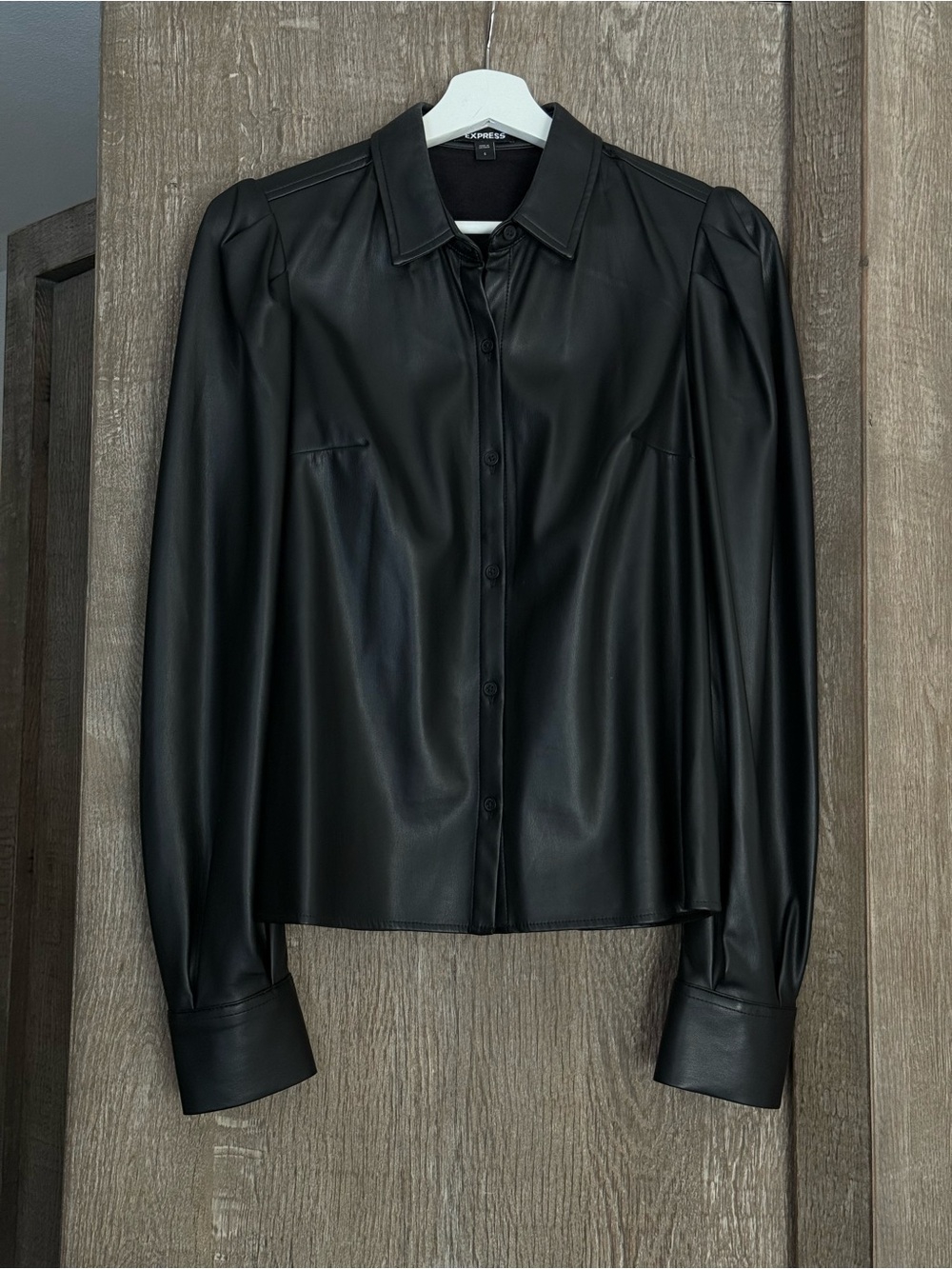 Express Faux Leather Button-Front Shirt Jacket in Black